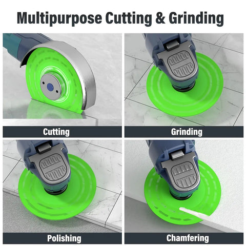 5-Piece 4.5 Inch Glass Cutting Discs For Angle Grinder Ultra-Thin Diamond Saw Blades shown cutting, grinding, polishing, chamfering tile