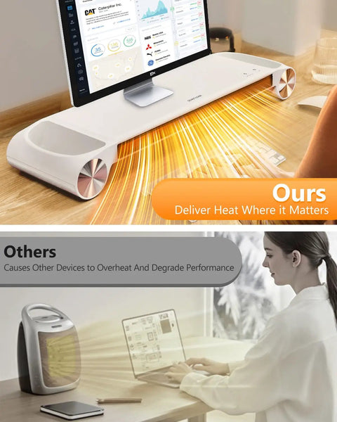Desk Space Heater 330W 2-In-1 Desk Top Heater And Monitor Stand With USB Charging Port warming desk with heat waves, white.