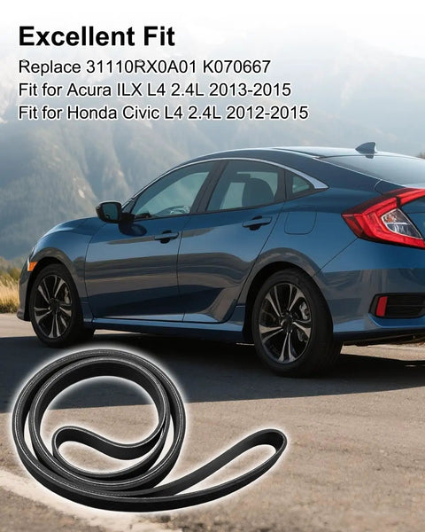 Top Tier Serpentine Drive Belt Fits Acura ILX Honda Civic L4 2.4L 2012-15 displayed with a blue car in the background.