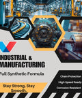 Industrial manufacturing scene with machinery and gears, promoting full synthetic formula for chain protection and corrosion resistance.