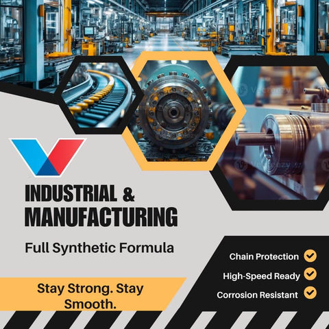 Industrial manufacturing scene with machinery and gears, promoting full synthetic formula for chain protection and corrosion resistance.