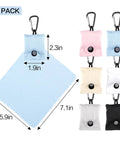 Six-pack microfiber glasses cleaning cloths with carabiner; assorted colors, includes large 7.1x5.9in cloth and six 2.3in squares.