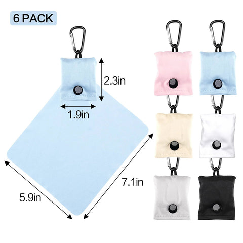 Six-pack microfiber glasses cleaning cloths with carabiner; assorted colors, includes large 7.1x5.9in cloth and six 2.3in squares.