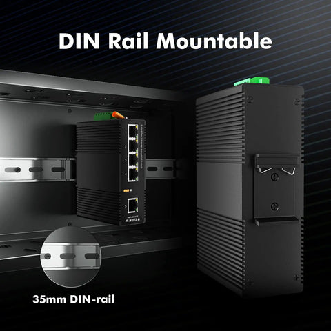 5 Port Industrial DIN Rail Network Switch With 4 Local Ethernet Ports And 1 Uplink installed on DIN rail in industrial setting