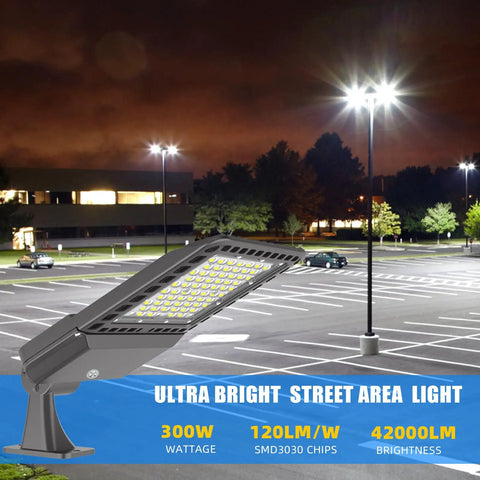 300W LED Parking Lot Light Shoebox With Dusk To Dawn Photocell, 5000K Daylight in parking area at night