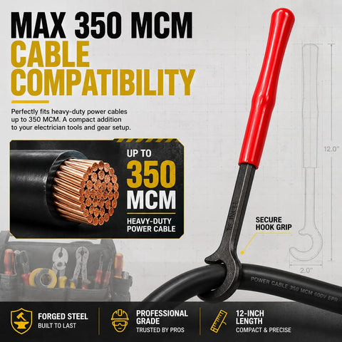 12 Inch Heavy Duty Cable Bender Tool For Easily Bending Max 350 Mcm Copper & Aluminum Wires In Electrical Panels, showing cable compatibility.