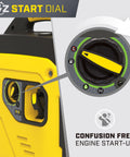 Lightweight 4000 Watt RV Ready Portable Inverter Generator With Quiet Tech, EZ Start Dial, close-up on yellow control panel