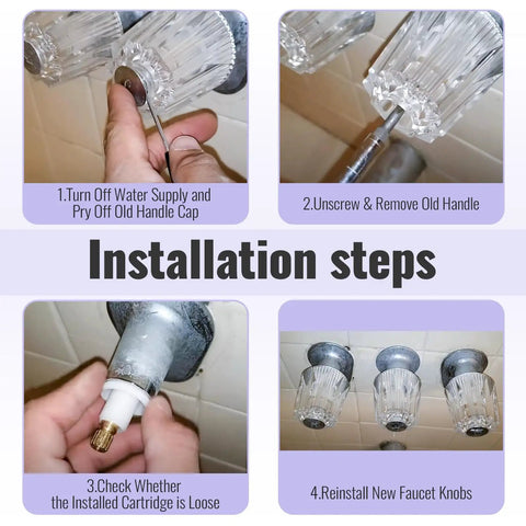 Installation steps for Shower Knob Replacement Kit 3 Piece Set For Price Pfister Bathtub Faucets 12 Point Broach Clear Acrylic Hot Cold Diverter Handles