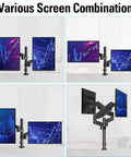 Heavy Duty Dual Monitor Desk Mount For 17 To 32 Inch Screens Featuring Gas Spring Height Adjustment in various combinations.