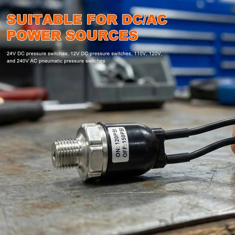 Lock Tight Air Pressure Switch For 120 To 150 Psi Automatic Compressor Cut Off Valve Quarter Inch Npt Thread DC 12 Volt 24 Volt Electric Tank Controller close up on workbench.
