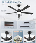 52 Inch Black Smart Ceiling Fan With Dimmable 3000K To 6000K LED Light Remote And App Control Six Speed Quiet Reversible Motor Indoor Outdoor Ceiling Fan For Bedroom Living Room with dimensions and installation options
