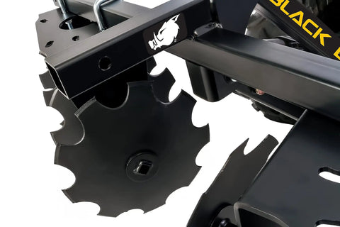 Close-up of ATV UTV Disc Harrow Implement for Tough Ground With Eight Rotating Discs, showing sturdy metal construction.