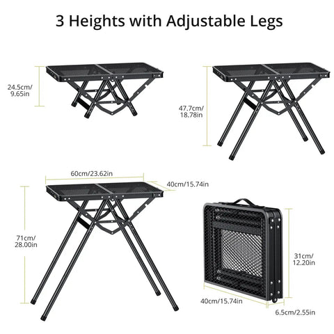 Different height settings of foldable grill table for camping and BBQ, heavy duty 180 lb capacity, heat resistant, 24x16 inches, black.
