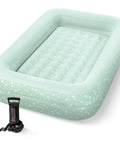 Kids Travel Air Mattress With Raised Sides And Hand Pump Portable Blow Up Bed For Sleepovers Naps And Travel Plush Surface
