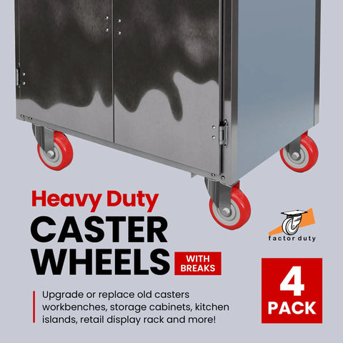 Four Pack Five Inch Red Polyurethane Swivel Caster Wheels With Kickass Integrated Locking Plate Brake For Hella Smooth Cart Rolls