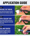 Application guide showing steps to prepare threads, apply High Density PTFE Plumbers Tape For Shower Heads Faucets And Water Line Connections Half Inch Wide White 460 Inch Length Food Safe No More Leaks Epic Seals, and seal them.