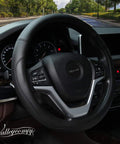 Microfiber Leather Steering Wheel Cover Universal 15 Inch Black For Any Car Soft Touch Feel installed on car steering wheel.