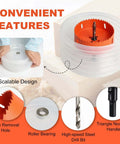 Front view of Storystore 6-inch hole saw kit with orange inner blade and dust bowl for wood, metal, plastic.
