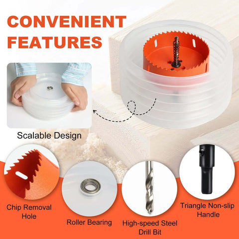 Front view of Storystore 6-inch hole saw kit with orange inner blade and dust bowl for wood, metal, plastic.