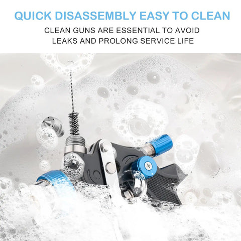 Heavy Duty Hvlp Gravity Feed Spray Gun With Triple Adjust Dials And Air Gauge Running Slick For Car Paint Primer And Top Coat submerged in soapy water for cleaning.