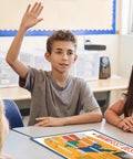 Student raising hand in classroom with 5 Poster Set On American Expansion In US History For Classrooms visible on table