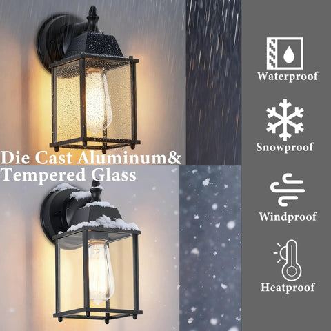 Black Exterior Wall Lanterns Set of 2 for Porch and Entryway, Weatherproof Aluminum Outdoor Sconce, clear glass, rain and snow proof