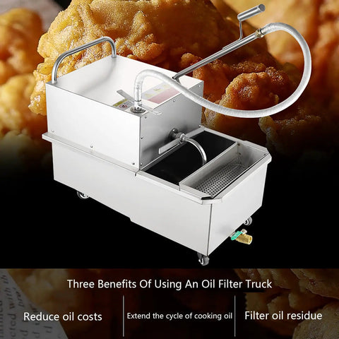 Heavy Duty 550W Commercial Fryer Filter Machine With 65L Capacity Tank, stainless steel oil filtration system for kitchens.