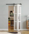 Bi-Fold Sliding Barn Door White MDF With Frosted Glass Panels, 30 Inch Wide, 84 Inch Tall, Two 15 Inch Panels, Installed in Room