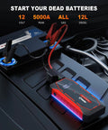 Powerful 5000A Jump Starter Pack For Cars And SUVs, 12V Lithium Battery Booster with LED lights, attached to car battery.