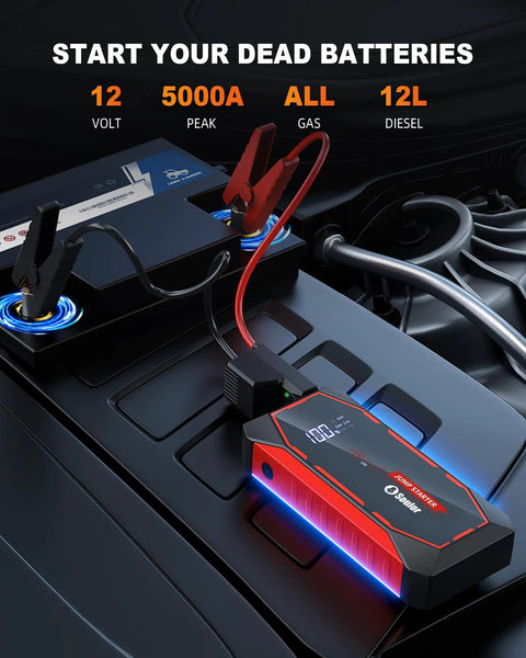Powerful 5000A Jump Starter Pack For Cars And SUVs, 12V Lithium Battery Booster with LED lights, attached to car battery.