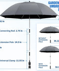 42 Inch Garden Chair Umbrella With Universal Clamp, 360 Degree Swivel Sun Shield dimensions and features shown.