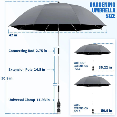 42 Inch Garden Chair Umbrella With Universal Clamp, 360 Degree Swivel Sun Shield dimensions and features shown.