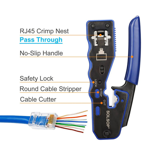 RJ45 Crimping Tool Set Pro Grade Pass Through Ethernet Crimp Tool For CAT5e CAT6 CAT6A CAT7 And RJ11 RJ12 Ergonomic Grip Durable Aluminum Build Quick Strip And Cut Blue B Edition showing features