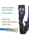 RJ45 Crimping Tool Set For Cat5e Cat6 Cat6A Cat7 Ethernet Pass Through Connectors with easy grip handle, safety lock, cable stripper