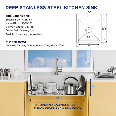 15x17 Inch Single Bowl Bar Kitchen Sink Topmount 304 Stainless Steel 8 Inch Deep Drop In Overmount Design in kitchen