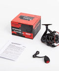 Spinning Fishing Reels For Freshwater with box, handle, and instructions visible, showcasing a lightweight design and durable handle.