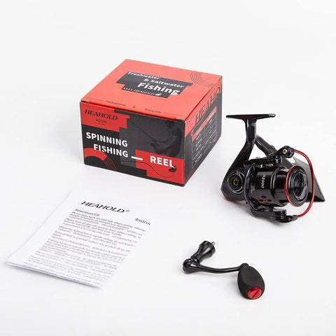 Spinning Fishing Reels For Freshwater with box, handle, and instructions visible, showcasing a lightweight design and durable handle.