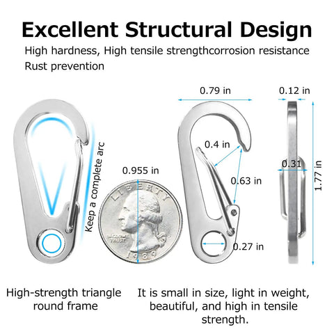 Diagram of 10 Pack 1.77 Inch Stainless Steel Clip Spring Snap Hooks EDC Mini Carabiners with size comparisons and structural features