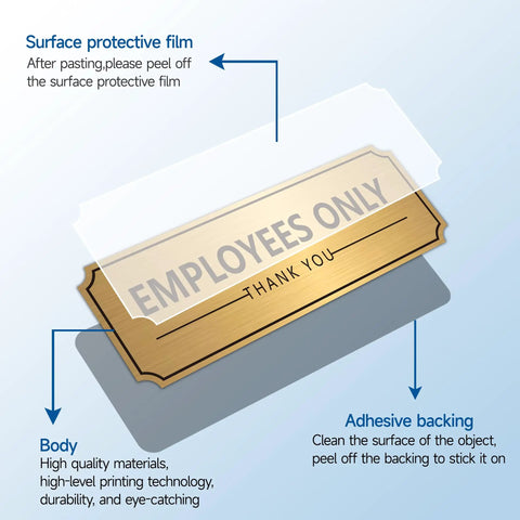 Brushed Gold Employees Only Door Sign Sticker Self Adhesive Weatherproof Vinyl Staff Only Decal features protective film and adhesive backing.