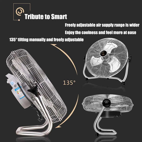 20 Inch Heavy Duty Pedestal Fan Adjustable Floor And Wall Mount Air Circulator showing 135 degree tilt and metal blades.