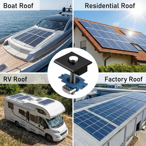 12 Pack Black Aluminum Solar Panel Mid Clamps For Unistrut Mounting 30mm And 35mm Roof Brackets shown on various roof types