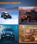 Off-road vehicles in snowy, rainy, foggy, and dusty conditions showcasing Slim 7 Inch LED Light Bar With 16 LED Chips 48W Spot Flood Combo.