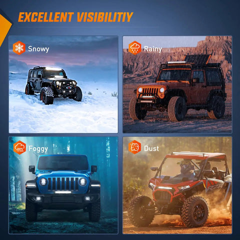 Off-road vehicles in snowy, rainy, foggy, and dusty conditions showcasing Slim 7 Inch LED Light Bar With 16 LED Chips 48W Spot Flood Combo.