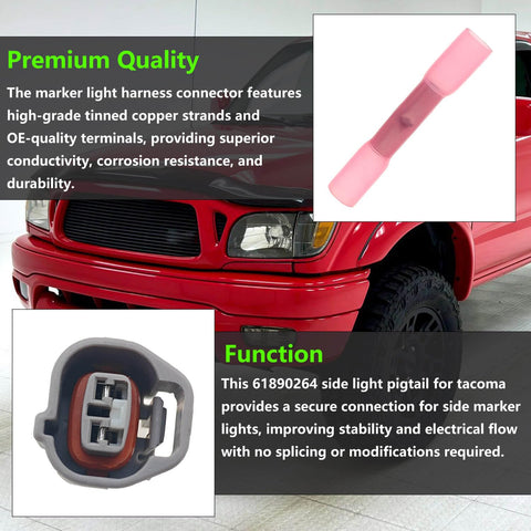 Toyota Tacoma Side Marker Light Connector 2 Way Harness Pigtail Replacement 6189-0264, front view of product and installation on vehicle