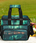 Insulated Picnic Backpack Lunch Bag For Women And Men, Large 12x9x10 Inch Tote with aurora design on picnic blanket with food