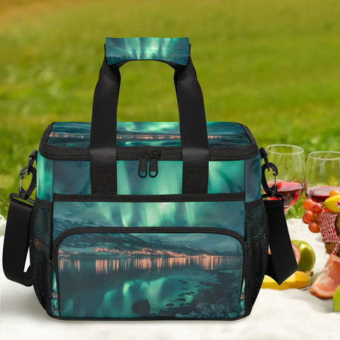 Insulated Picnic Backpack Lunch Bag For Women And Men, Large 12x9x10 Inch Tote with aurora design on picnic blanket with food
