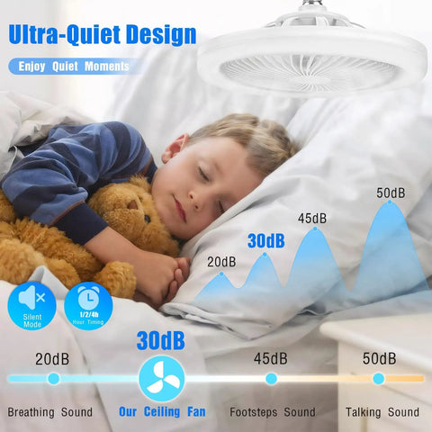 Child sleeping under a 10-inch ceiling socket fan light with remote, demonstrating the ultra-quiet design, suitable for bedroom.