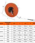 Chart and long fiberglass tape measure with dual face inches and millimeters for construction, 66 feet and 20 meters view.