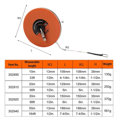 Chart and long fiberglass tape measure with dual face inches and millimeters for construction, 66 feet and 20 meters view.