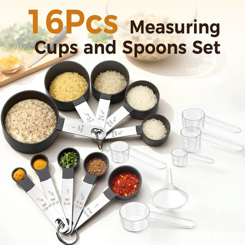Measuring Cups And Spoons Set With Metric And US Measurements For Dry And Liquid 16 Piece Kitchen Tool Set Built To Handle Your Cooking Like A Pro Black